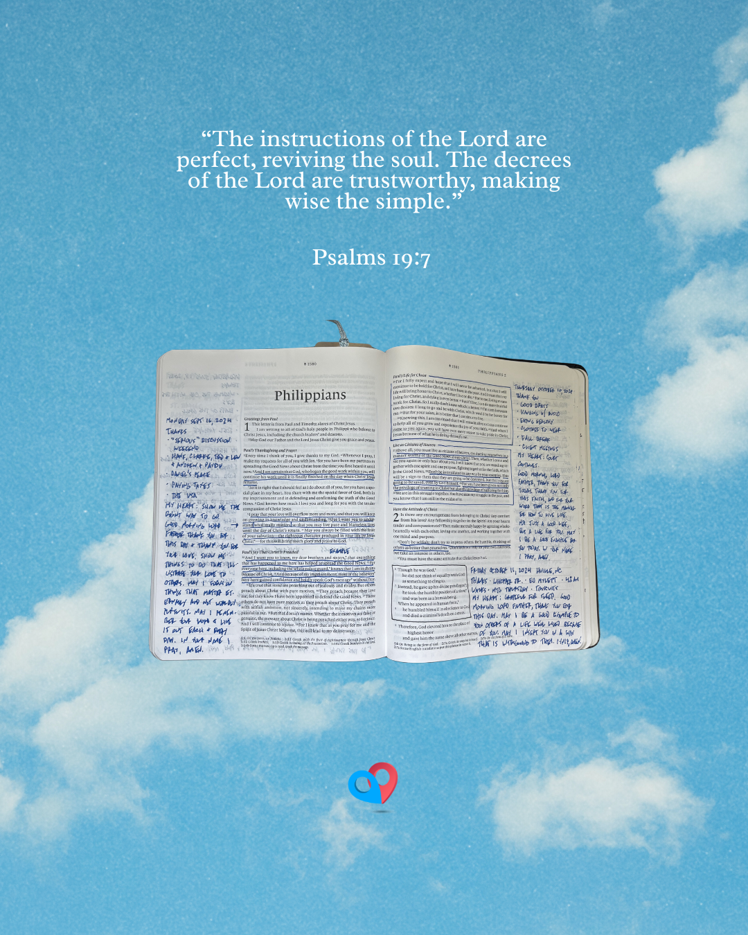 Studies Open Bible with handwritten notes on a blue sky background; Psalm 19:7 quote above the book.